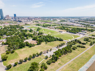 Fototapeta na wymiar Aerial photo parks landscape Downtown Oklahoma City Summer heat wave 2023
