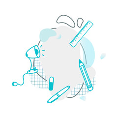 Stationery and school items, spots and shapes, checkered texture, line. Clipart.