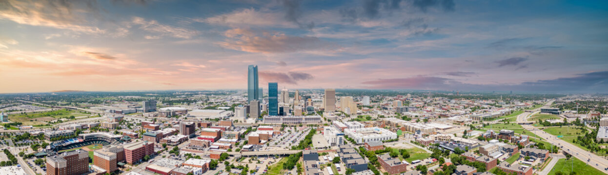 Aerial panorama Oklahoma City OK with dramatic sunset sky