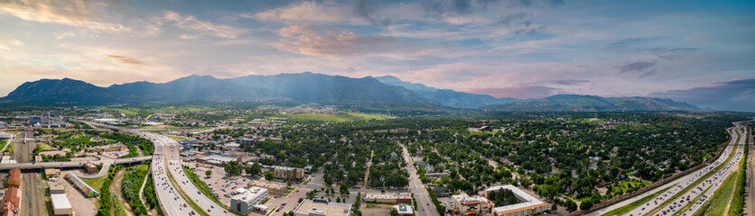 Aerial drone panorama Colorado Springs CO USA circa 2023