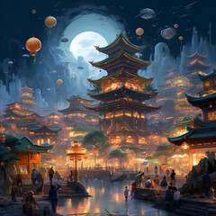 a portrait vector art of Chinese temple in the night