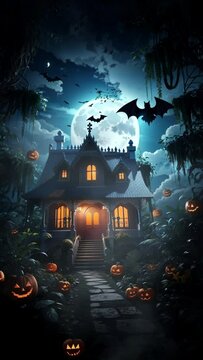 haunted house halloween, seamless looping video background animation, cartoon style, vertical video