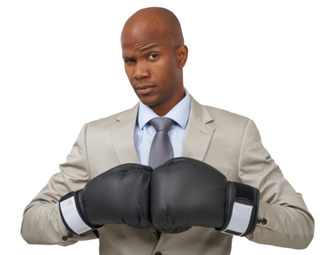 Boxing gloves, attitude and portrait of business black man on isolated, png and transparent background. Corporate manager, professional and serious male person for empowerment, challenge and fight - Powered by Adobe
