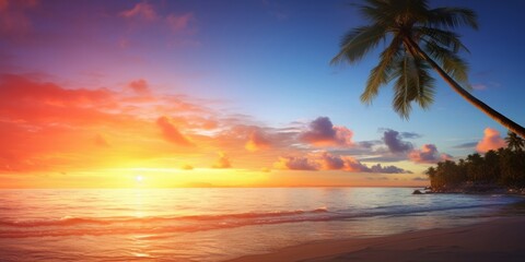 Art beautiful Landscape of paradise tropical island beach, sunrise shot, Generative AI - obrazy, fototapety, plakaty