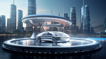 Unbrand EV cars charge in futuristic cities