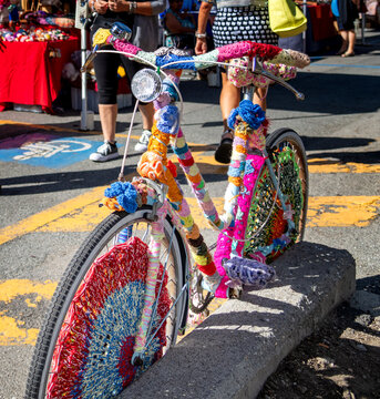 bicycle decorated with colored wool threads