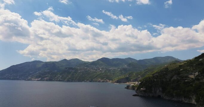Aerial drone shot at Amalfi Coast on a sunny day