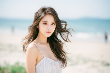 Naklejka premium Beautiful Japanese woman standing on a refreshing beach