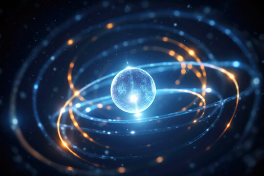 Atomic nucleus and moving electron glowing in blue and orange