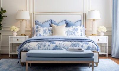 Photo of a spacious blue and white bedroom with a luxurious king-size bed