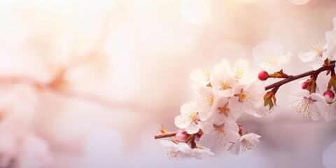 Art nature Spring border or blurred background art with pink blossom blooming tree, Generative AI