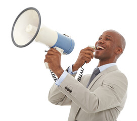 Megaphone, news and happy business man on isolated, transparent or png background. Recruitment, hiring and male speaker with microphone speech for opportunity, announcement or voice info promo deal