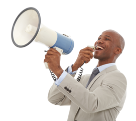 Megaphone, news and happy business man on isolated, transparent or png background. Recruitment, hiring and male speaker with microphone speech for opportunity, announcement or voice info promo deal