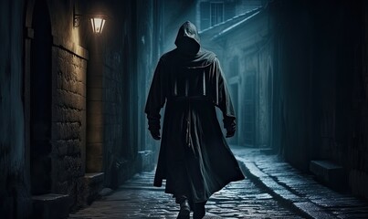 In the depths of the alley, the hooded assassin remains unseen