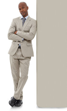 Leaning, arms crossed and business with a black man on a board or portrait of a corporate lawyer in png. Advocate, serious and professional with male employee isolated on transparent background