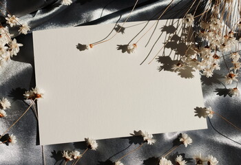 Card mockup, dried daisy flowers frame and sunlight shadow top view on gray silk textured...