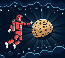 Astronaut in a spacesuit in open space near a rising moon. Floating cosmonaut in a red spacesuit. Planet with craters. Vector illustration in retro comic style.