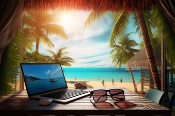 art concept Enjoy remote work in a dream office on a sandy shore of a tropical sea in the shade of palm trees, Generative AI