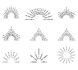 Retro sunburst, sunrise rays, semi circular sunburst, spark firework starburst design set line of light vector illustration.
