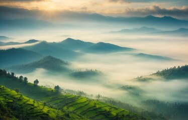 Fototapeta premium Beautiful landscape of rice terraces at sunrise in the morning. 
