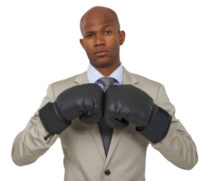 Boxing gloves, professional and portrait of business black man on isolated, png and transparent background. Corporate manager, power and serious male person for empowerment, challenge and fight - Powered by Adobe