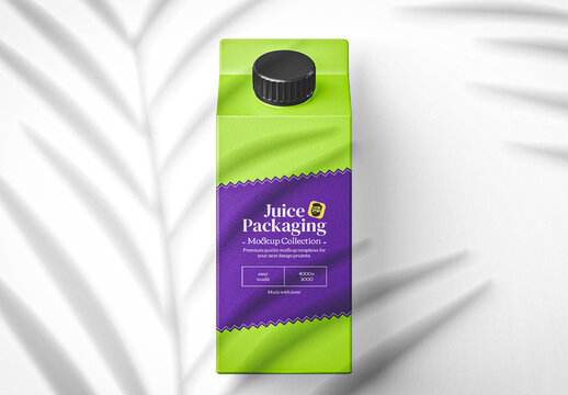 Green Carton Juice Bottle Mockup With Black Cap And Purple Label