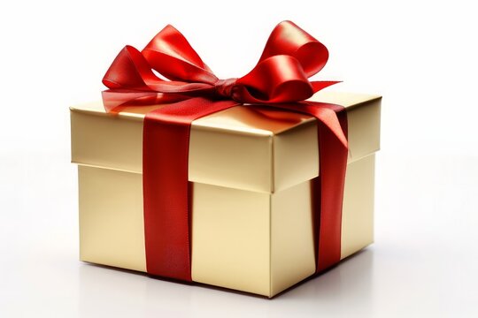 Art Isolated gift golden box with a red bow on a white background transparent background, Generative AI