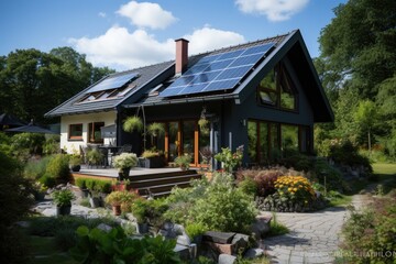 Fototapeta na wymiar Generative AI - Embracing Solar Energy: A Modern Home for a Sustainable and Climate-Resilient Future
