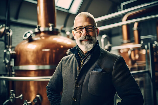 Portrait of distillery manager, old man operations manager at gin distillery - Powered by Adobe