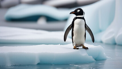 Obraz premium a penguin standing on an iceberg in the snow with a penguin watching from the top of it's head
