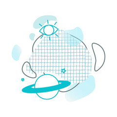 Saturn, stars, eye, spots and shapes, checkered texture, line. Clipart.