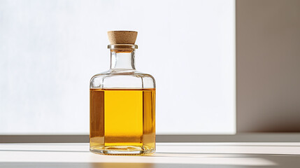 Oil in glass bottle on white table.