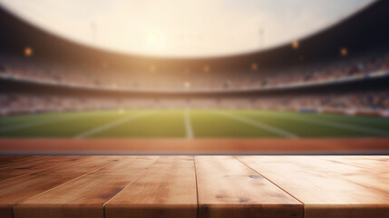 Empty wooden table with stadium bokeh background. Template mock up for display of product.