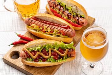 Various hot dog and beer