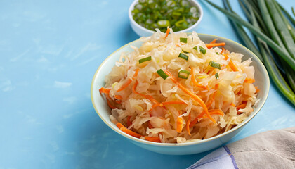 Homemade Sauerkraut with carrots and green onions in a bowl on a light blue background, Fermented food