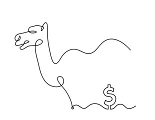 Silhouette of abstract camel with dollar as line drawing on white. Vector