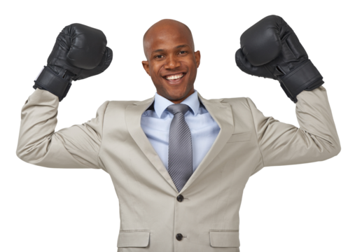Boxing gloves, winner and portrait of business black man on isolated, png and transparent background. Corporate manager, power and happy male person celebrate for empowerment, challenge or leadership - Powered by Adobe
