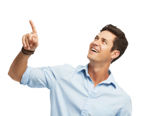 Pointing up, happy and business man for information on isolated, png and transparent background. Advertising, professional and male person with hand gesture for promotion, announcement and news