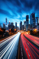 Fototapeta na wymiar The motion blur of a busy urban highway during the evening rush hour. The city skyline serves as the background, illuminated by a sea of headlights and taillights. Generative AI