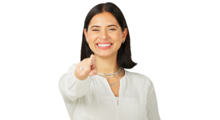 You, smile and choice with the portrait of a woman excited for an opportunity isolated on a transparent background to vote. Emoji, pointing or selection with a happy young person on PNG for decision