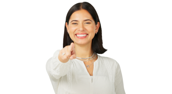 You, smile and choice with the portrait of a woman excited for an opportunity isolated on a transparent background to vote. Emoji, pointing or selection with a happy young person on PNG for decision