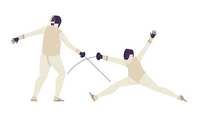 Fencing with foils athletes in safe costumes flat vector illustration isolated.