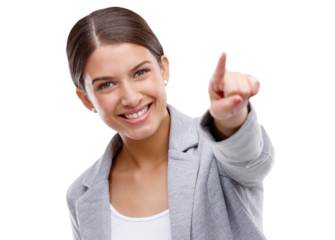 Smile, forward and portrait of a pointing woman for a choice, recruitment or corporate hiring. Happy, hr employee and a girl with a hand gesture for business isolated on a transparent png background