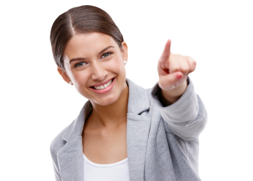 Smile, forward and portrait of a pointing woman for a choice, recruitment or corporate hiring. Happy, hr employee and a girl with a hand gesture for business isolated on a transparent png background