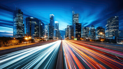 Fototapeta na wymiar The motion blur of a busy urban highway during the evening rush hour. The city skyline serves as the background, illuminated by a sea of headlights and taillights. Generative AI