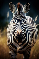 Zebra Plains Zebra in the Savannah Showing its Stripes. Majestic Portrait. Wildlife Animal. Generative ai
