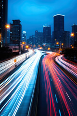 Fototapeta premium The motion blur of a busy urban highway during the evening rush hour. The city skyline serves as the background, illuminated by a sea of headlights and taillights. Generative AI