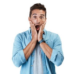 Portrait, surprise or man with announcement, shocked or model isolated on transparent background....