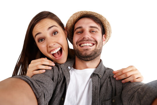 Couple, face and excited in selfie with happiness, memory and social media post isolated on png transparent background. Happy people, smile in picture and photography, date and romance with partner