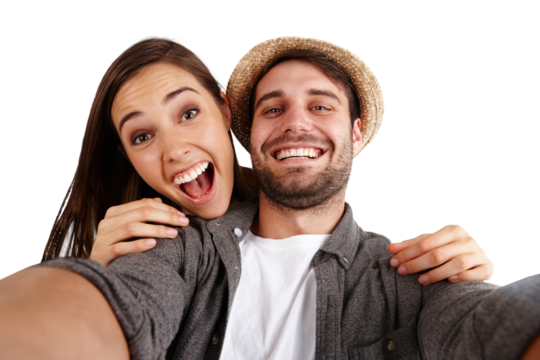 Couple, face and excited in selfie with happiness, memory and social media post isolated on png transparent background. Happy people, smile in picture and photography, date and romance with partner